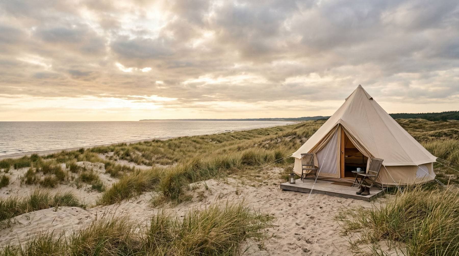 Zelt am Strand in der Abenddämmerung
